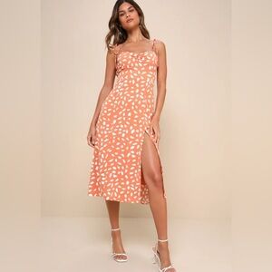 Lulus Party in Paris Light Orange Print Tie-Strap Midi Dress Small